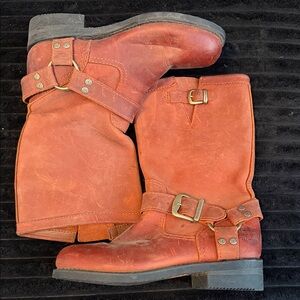 Rust Leather Harness Boots with Brass Buckles